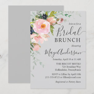 Elegant Blush Pink & Grey Floral Bridal Brunch Invitation