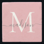 Elegant Blush Pink Grey Monogram Feminine Script Stone Coaster<br><div class="desc">Elegant Blush Pink Grey Monogram Feminine Script Name Stone Coaster</div>