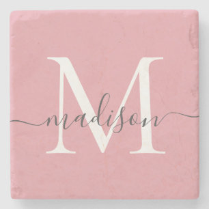 Elegant Blush Pink Grey Monogram Feminine Script Stone Coaster