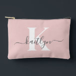 Elegant Blush Pink Grey Script Monogram Accessory Pouch<br><div class="desc">This simple, elegant blush pink accessory pouch with your first name in a trendy script font in grey and your first initial in a modern cap font in white is perfect for you. It's stylish and trendy and yet very classic. It will be fabulous for school, the gym, work, your...</div>