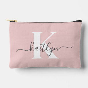 Elegant Blush Pink Grey Script Monogram Accessory Pouch