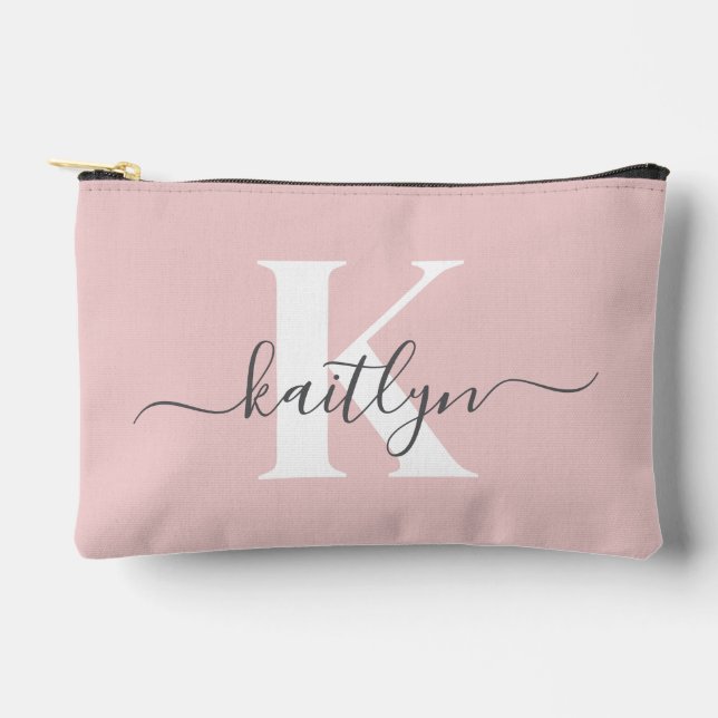 Elegant Blush Pink Grey Script Monogram Accessory Pouch (Front)