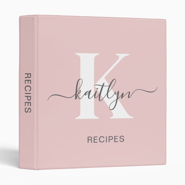 Elegant Blush Pink Grey Script Monogram Binder (Front/Spine)