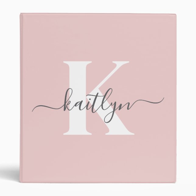 Elegant Blush Pink Grey Script Monogram Binder (Front)