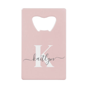 Elegant Blush Pink Grey Script Monogram Credit Card Bottle Opener