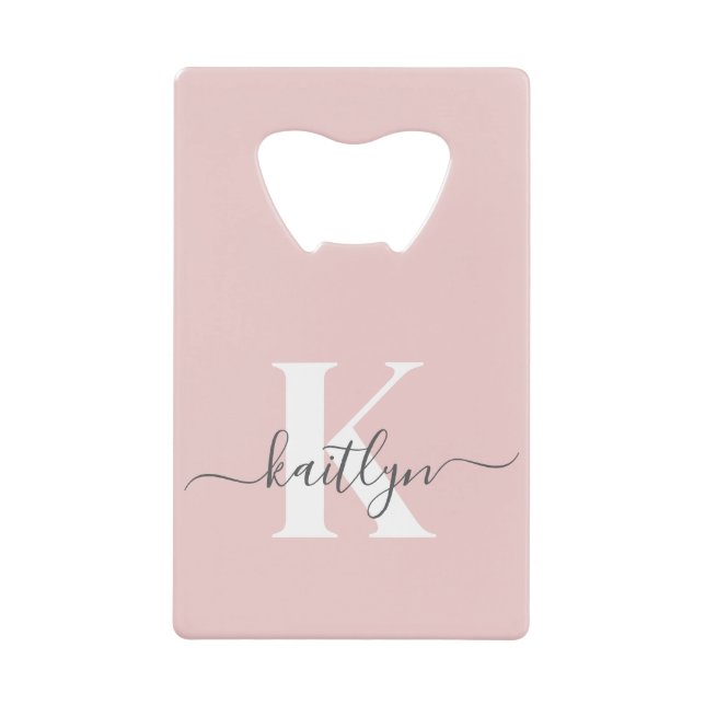 Elegant Blush Pink Grey Script Monogram Credit Card Bottle Opener (Front)