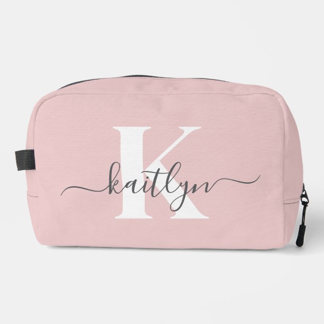 Elegant Blush Pink Grey Script Monogram Dopp Kit (Front)