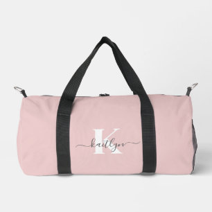 Elegant Blush Pink Grey Script Monogram Duffle Bag