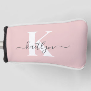 Elegant Blush Pink Grey Script Monogram Golf Head Cover