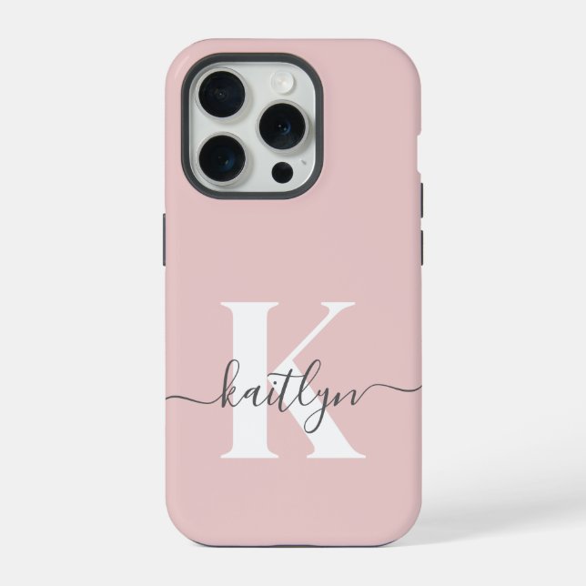 Elegant Blush Pink Grey Script Monogram iPhone Case (Back)