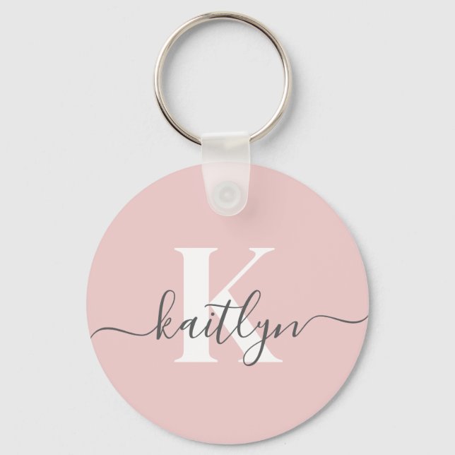 Elegant Blush Pink Grey Script Monogram Keychain (Front)
