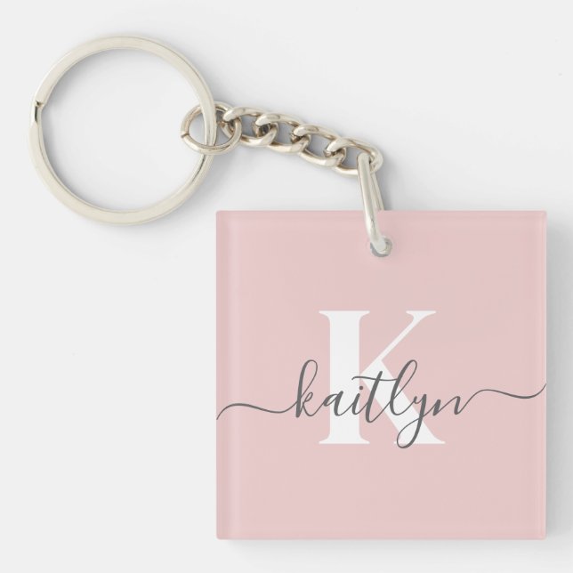Elegant Blush Pink Grey Script Monogram Keychain (Front)