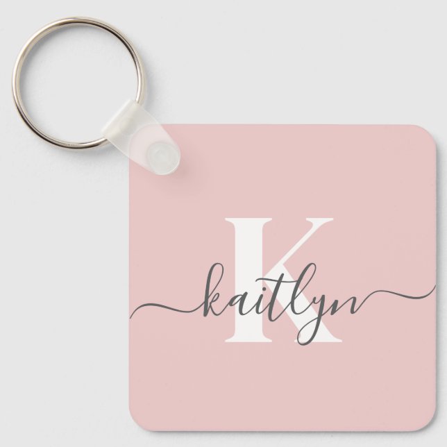 Elegant Blush Pink Grey Script Monogram Keychain (Front)