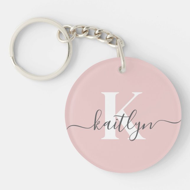 Elegant Blush Pink Grey Script Monogram Keychain (Front)