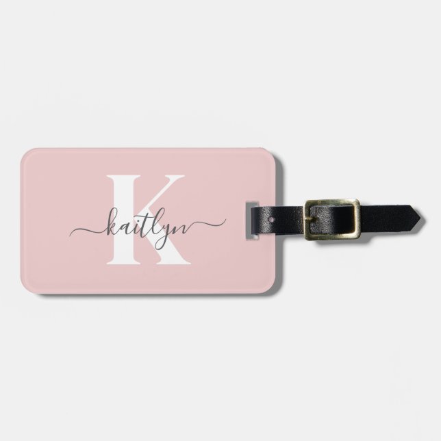 Elegant Blush Pink Grey Script Monogram Luggage Tag (Front Horizontal)