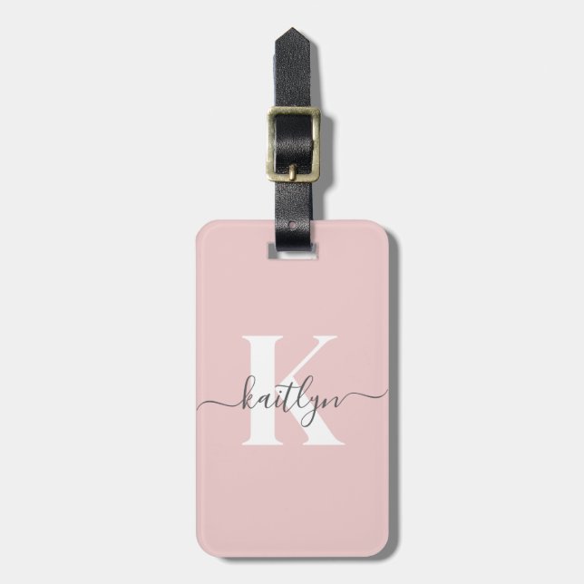 Elegant Blush Pink Grey Script Monogram Luggage Tag (Front Vertical)