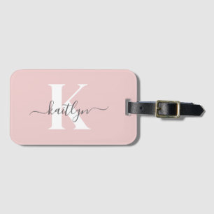 Elegant Blush Pink Grey Script Monogram Luggage Tag