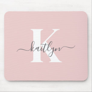 Elegant Blush Pink Grey Script Monogram Mouse Pad