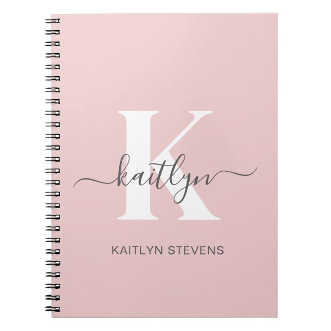 Elegant Blush Pink Grey Script Monogram Notebook (Front)