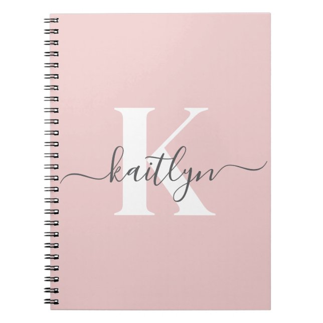 Elegant Blush Pink Grey Script Monogram Notebook (Front)