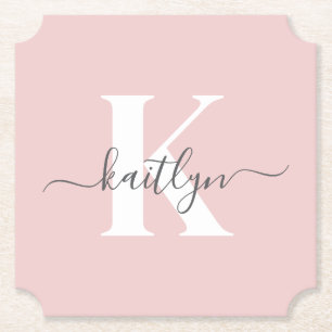 Elegant Blush Pink Grey Script Monogram Paper Coaster
