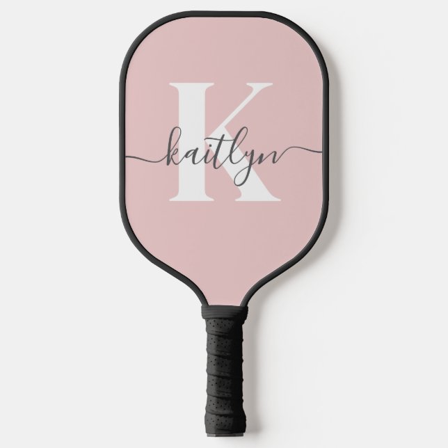 Elegant Blush Pink Grey Script Monogram Pickleball Paddle (Front)