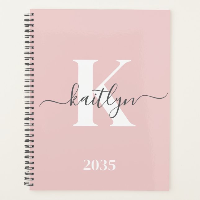 Elegant Blush Pink Grey Script Monogram Planner (Front)