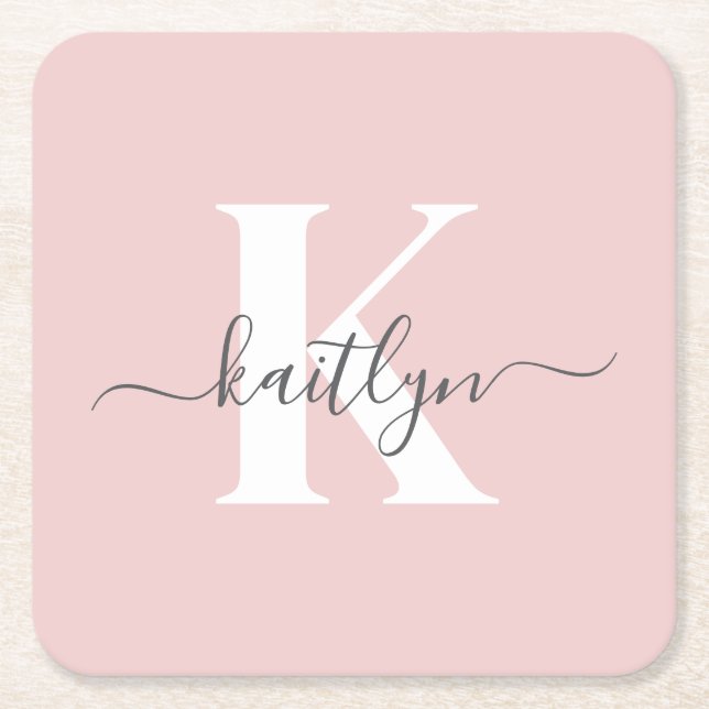 Elegant Blush Pink Grey Script Monogram Square Paper Coaster (Front)