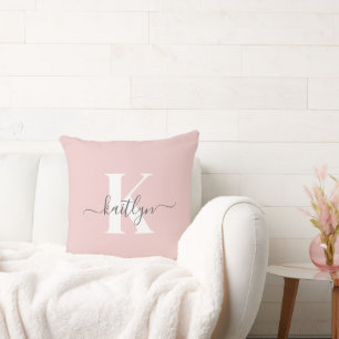 Elegant Blush Pink Grey Script Monogram Throw Pillow