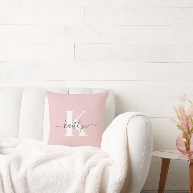Elegant Blush Pink Grey Script Monogram Throw Pillow (Couch)