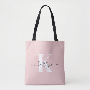 Elegant Blush Pink Grey Script Monogram Tote Bag