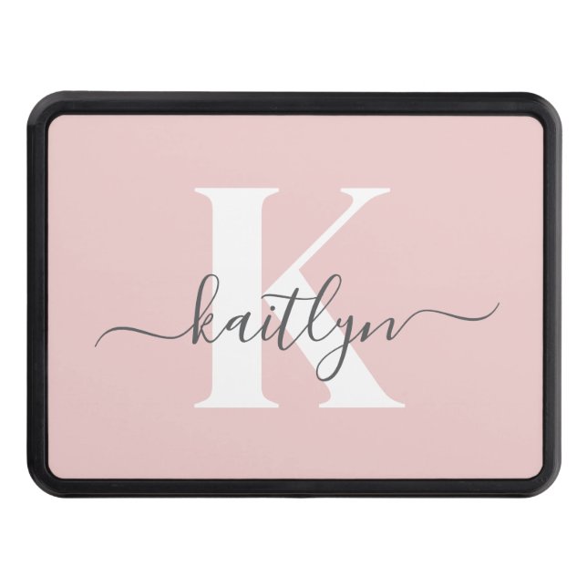 Elegant Blush Pink Grey Script Monogram Trailer Hitch Cover (Front)
