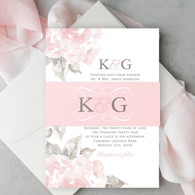 Elegant Blush Pink Grey Wedding Monogram Initials Invitation Belly Band (Creator Uploaded)