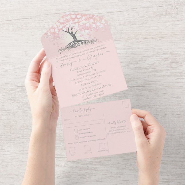 Elegant Blush Pink Heart Leaf Tree Wedding All In All In One Invitation (Tearaway)