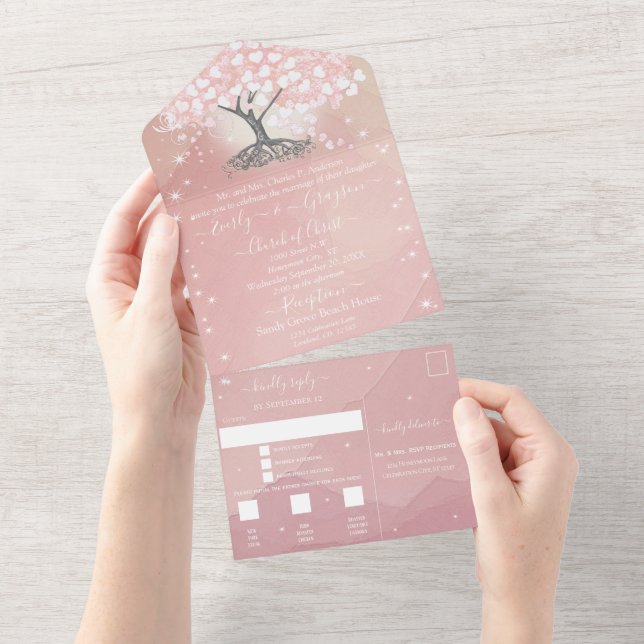 Elegant Blush Pink Heart Leaf Tree Wedding  All In All In One Invitation (Tearaway)