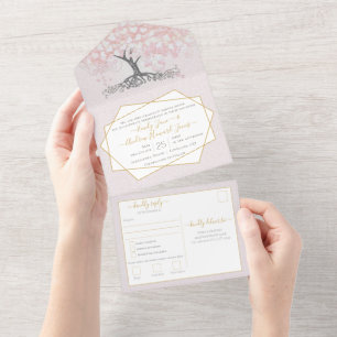Elegant Blush Pink Heart Leaf Tree Wedding All In One Invitation