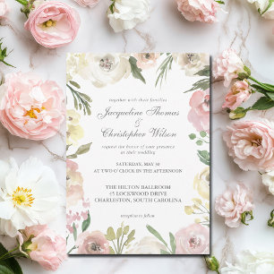 Elegant Blush Pink Ivory Floral Border Wedding Invitation
