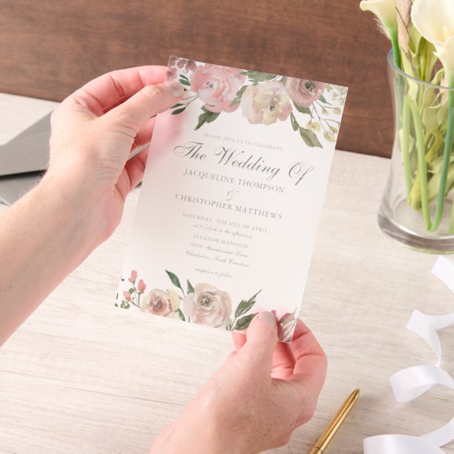 Elegant Blush Pink Ivory Floral Garden Wedding Vellum Invitations (Handheld)