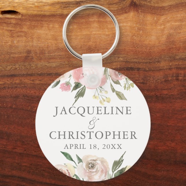 Elegant Blush Pink Ivory Floral Peony Wedding Keychain (Front)