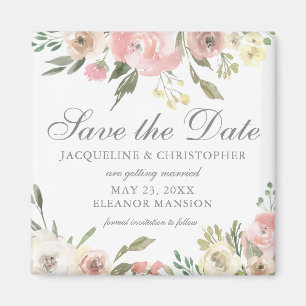 Elegant Blush Pink Ivory Floral Save the Date Magnet