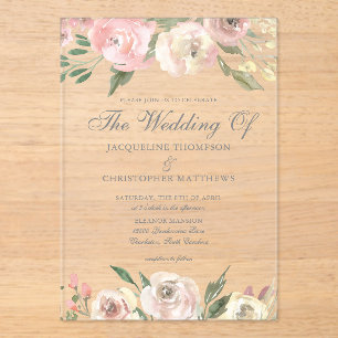 Elegant Blush Pink Ivory Floral Spring Wedding Acrylic Invitations