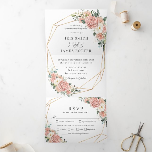 Elegant Blush Pink Ivory Floral Wedding RSVP  Tri-Fold Invitation (Inside)