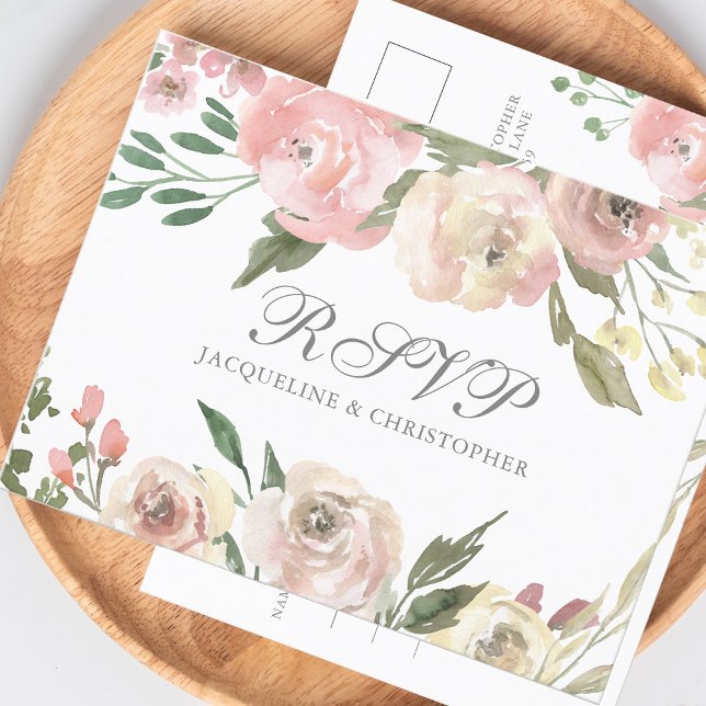 Elegant Blush Pink Ivory Peony Floral Wedding RSVP Postcard (Creator Uploaded)