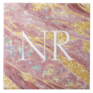  Elegant Blush Pink Marble & Glitter Cute Monogram Tile