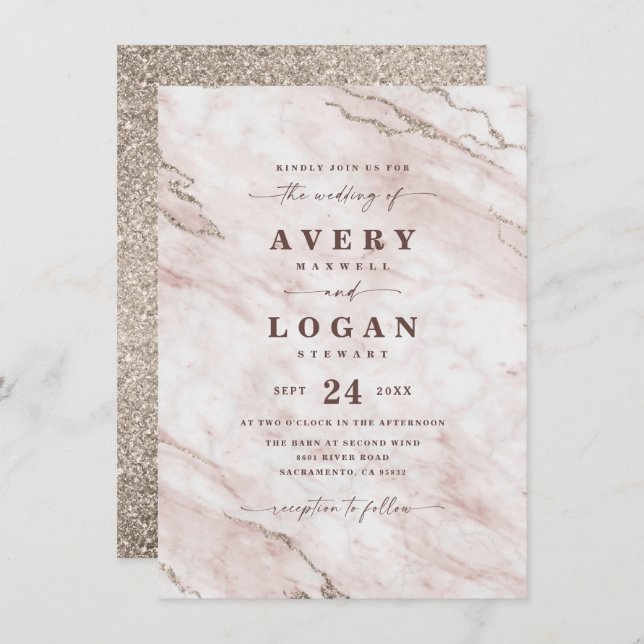 Elegant Blush Pink Marble & Glitter Wedding Invitation (Front/Back)