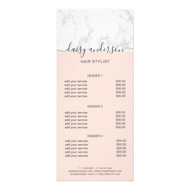 Elegant blush pink marble hair stylist price list rack card (Front)