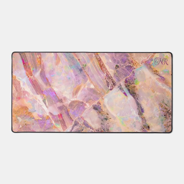 Elegant Blush Pink Marble Opal Monogram Girly Cute Desk Mat (Front)