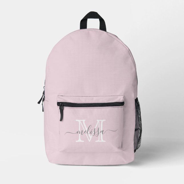 Elegant Blush Pink Minimal Name and Monogram Printed Backpack (Front)