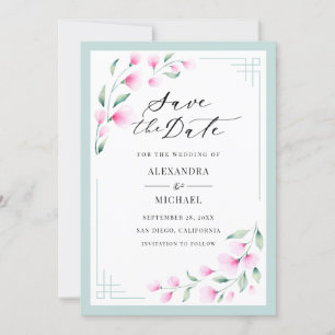 Elegant Blush Pink Mint Watercolor Floral Wedding Save The Date
