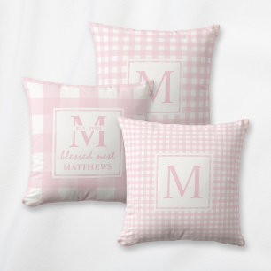 Elegant Blush Pink Monogram Classic Gingham Throw Pillow